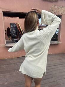 Chiquease Loose High Collar Oversized Chunky Knitted Sweater Dress Fall Cloth For Women - Beige - View 2