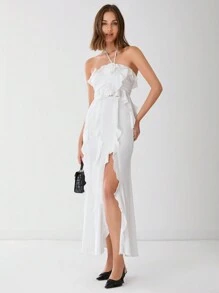 Enchnt Falda casual de vacaciones con pliegues, volantes y abertura en el bajo, de unicolor para mujer - Blanco - Ver 4
