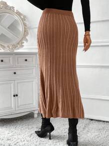 SHEIN Clasi 女士优雅卡其色麻花结纹理 A 字裙，适合返校和上班 - 卡其色 - 查看 2