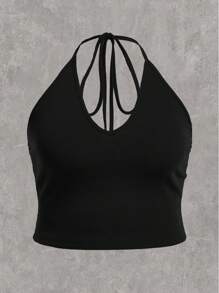 SHEIN EZwear 大码女式休闲针织挂脖背心，夏季 - 玫瑰紅 - 查看 3