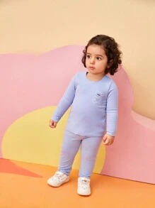 SHEIN Baby Girls Thermal Lined Bear Embroidered Base Layer Outfit, Warm Winter - Multicolor - View 7