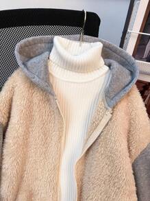 Abrigo con capucha de felpa esponjosa de color block, chaqueta de forro polar abrigada y suave para niñas preadolescentes, para otoño/invierno