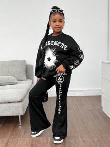 SHEIN Tween Girls Gothic Style Star & Text Graphic Print Thermal Lined Oversized Sweatshirt And Flare Pants Set