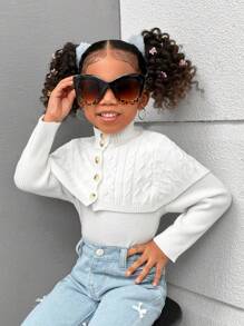 SHEIN 2pcs/Set Toddler Girls' New Solid Color Knit Shawl Collar Pullover Sweater And Casual Matching White Outfit, Autumn - White - View 7
