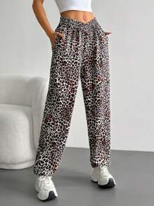 SHEIN Unity Women's Leopard Print V-Neck Sweatpants, Casual Everyday Wear Fall Cloth For Women - Multicolor - View 6