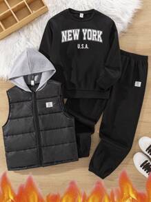 SHEIN 3Pcs/Set Kids Tween Boy Casual Streetwear Letter Graphic Print Crew Neck Loose Knit Sweatshirt + Knit Pants + Quilted Padded Vest/Coat/Parka, Suitable For School, Garden, Beach, Birthday, All Season - Multicolor - View 2