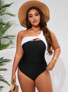 SHEIN Swim Curve 大码女式夏季海滩度假拼色无袖镂空连体泳衣 - 黑與白 - 查看 3