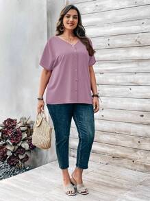 EMERY ROSE 大码女式橙色纽扣缀饰短袖衬衫，适合春季 - 淺灰紫 - 查看 5