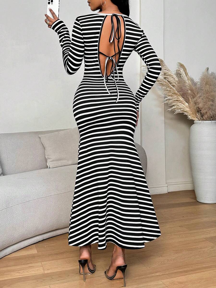 Zolique Women's Sexy Backless Lace-Up Fishtail Dress Fall Cloth For Women - Black and White - View 1