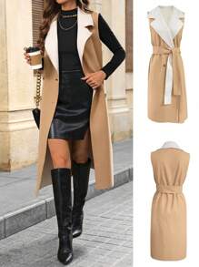 Chiquease Women's Color Block Lapel Sleeveless Knitted Blend Coat