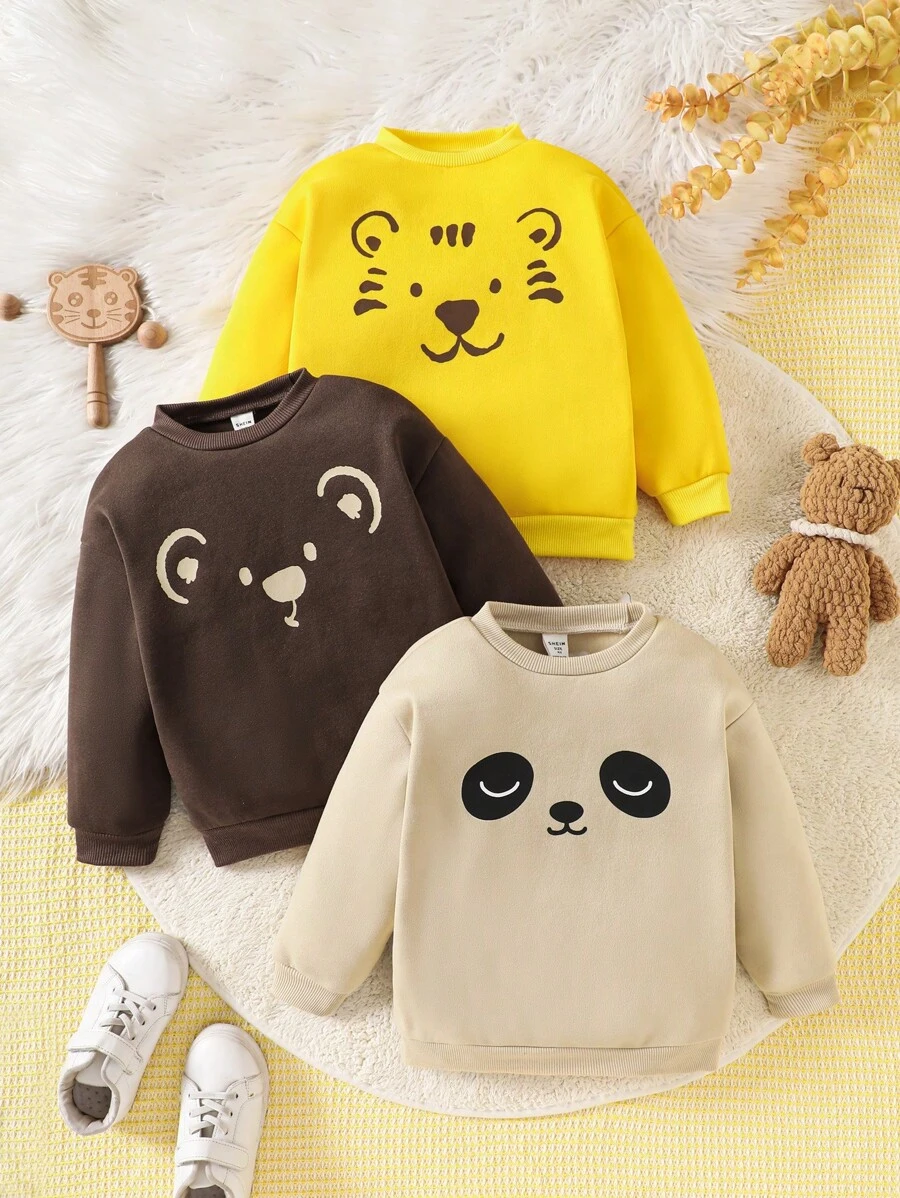 3 件套年轻女孩可爱动物脸印花针织圆领运动衫 - 彩色 - 查看 1