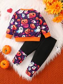 SHEIN 女婴万圣节南瓜印花拼接撞色连帽衫和裤子 2 件套服装 - 彩色 - 查看 2