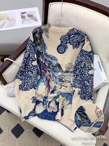 Plus Size Round Neck Long Sleeve Feather Pattern Simple Pullover Sweater, Casual Daily Wear,Spring - Khaki - View 2