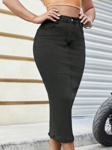 Falda vaquera casual negra de primavera con bolsillo sesgado y espalda dividida con efecto de cola de sirena - Negro - Ver 6