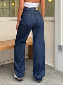 RueChic 100% 纯棉女式直筒高腰牛仔裤 - 中等水洗藍 - 查看 2