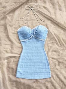 Soleia Vestido casual de resort romántico de cuello alto de punto blanco elástico con encaje para mujer, Vestido de graduación azul bebé de verano