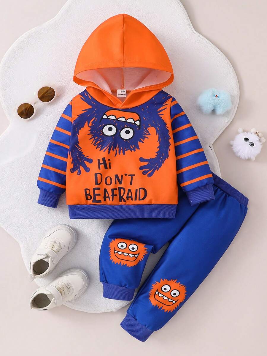 SHEIN 2pcs/Set Baby Boys Monster Patchwork Hoodie Sweatshirt And Pants Outfit, Navy Blue And Orange, For Casual Wear, Outdoor, Home And Sports, Knit Cuffs And Hem Design, Monster Graphics On Front - Blue - View 1