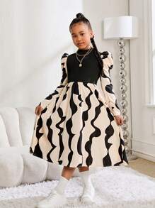 SHEIN Tween Girl 针织坑条几何图案羊腿袖长袖连衣裙中长款连衣裙适合秋冬季