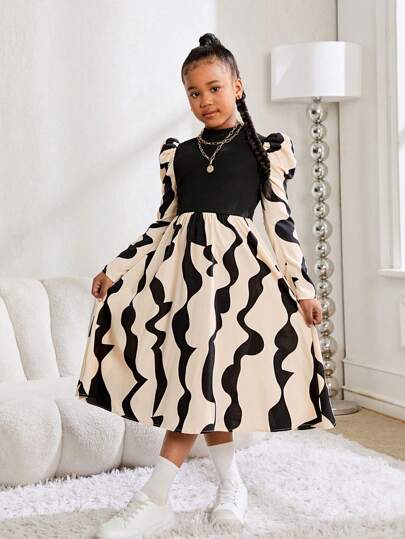SHEIN Tween Girl Knitted Pit Strips With Geometric Pattern Leg-Of-Mutton Sleeves, Long-Sleeved Dress, Mid-Length Dress, Suitable For Autumn And Winter