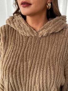 SHEIN LUNE 2 件大码纯色长袖连帽衫和裤子休闲套装冬季服装 - 卡其色 - 查看 3