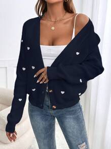 SHEIN Frenchy 女式深 V 领长袖休闲开衫，带心形印花和纽扣