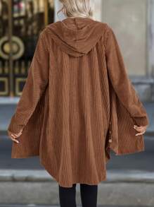 SHEIN LUNE Women's Textured Striped Long Sleeve Hooded Regular Jacket, Fall & Winter - Coffee Brown - View 2