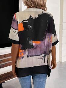 SHEIN LUNE Women's Summer Round Neck Tie-Dye Printed Loose Casual Blouse - Black - View 2