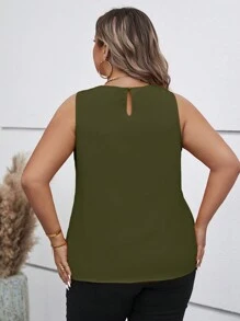 SHEIN Clasi Plus Size Women's Summer Solid Color Round Neck Ruched Sleeveless Casual Blouse - Army Green - View 2