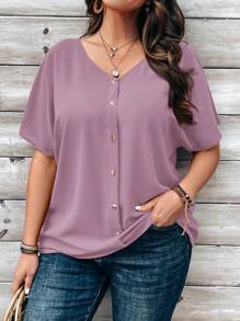 EMERY ROSE 大码女式橙色纽扣缀饰短袖衬衫，适合春季 - 淺灰紫 - 查看 1