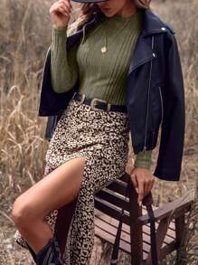 SHEIN Clasi 2 件套休闲针织上衣和豹纹开衩裙女士春秋季 - 軍綠色 - 查看 3