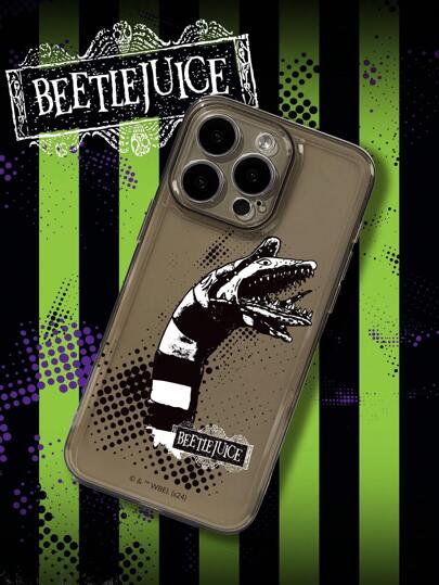 Beetlejuice X SHEIN Horror Cartoon Print Black See-Through Phone Case,Compatible With IPhone