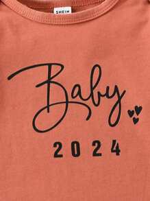 Newborn Baby Boy Letter Print Crew Neck Long Sleeve Casual Jumpsuit - Coral Orange - View 5