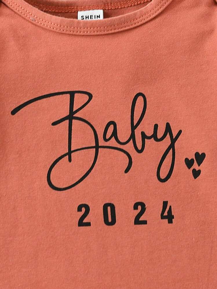Newborn Baby Boy Letter Print Crew Neck Long Sleeve Casual Jumpsuit - Coral Orange - View 5