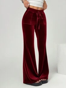 SHEIN EZwear Women's Casual Red Velvet Flare Pants