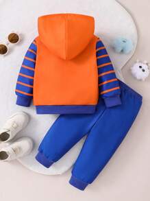 SHEIN 2pcs/Set Baby Boys Monster Patchwork Hoodie Sweatshirt And Pants Outfit, Navy Blue And Orange, For Casual Wear, Outdoor, Home And Sports, Knit Cuffs And Hem Design, Monster Graphics On Front - Blue - View 2