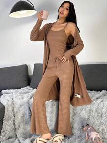 Chiquease Women 3pcs Casual Outfit Set: Long Sleeve Open Front Jacket, Camisole, And Waist Tie Pants, Spring/Fall - Maroon - View 5