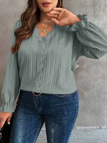 SHEIN LUNE Plus Size Spring/Autumn Casual Solid Color Lace Contrast Long Sleeve Blouse - Light Grey - View 4