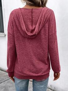 SHEIN LUNE Áo nỉ trùm đầu tay dài màu trơn có nút cài nửa vai thả dây rút thường ngày dành cho nữ, mùa xuân/thu - Gỗ đỏ - Xem 2