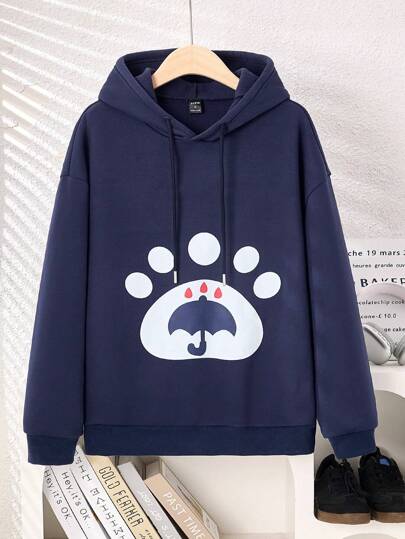 Men's New Fashion Funny Mouse Ears & Bear Paw Print Hooded Sweatshirt, Navy Blue With Cloud Heart Pattern - Family Matching Outfits Mommy And Me (3 Pieces Are Sold Separately)
