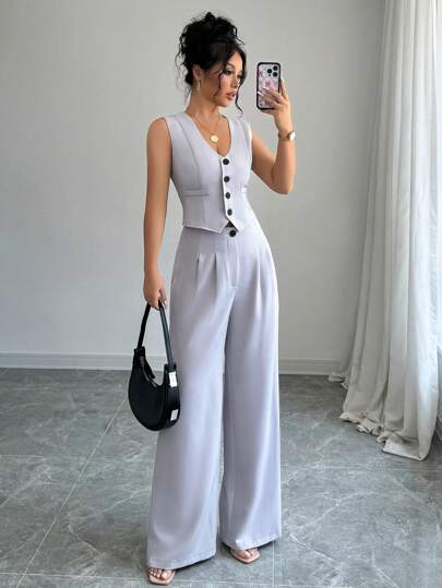 Elenzga Women's Solid Color Single-Breasted Vest And Pleated Pants 2-Piece Suit For Casual/Work Wear