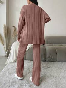 EURMUSE 2pcs Women's Solid Color Button Front Long Sleeve Sweater And Pants Casual Set - Dusty Pink - View 2