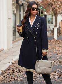 SHEIN Unity 大码翻领长袖纽扣式时尚前开迷人优雅针织黑色外套，适合冬季 - 黑色 - 查看 4