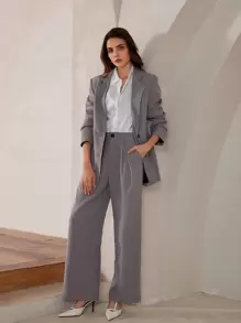 SHEIN Privé 不对称下摆西装套装，优雅的商务休闲教师工作服，秋季 - 淺灰色 - 查看 3