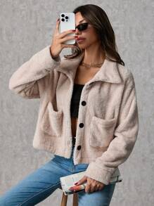 SHEIN Tall 女士双口袋落肩毛绒夹克