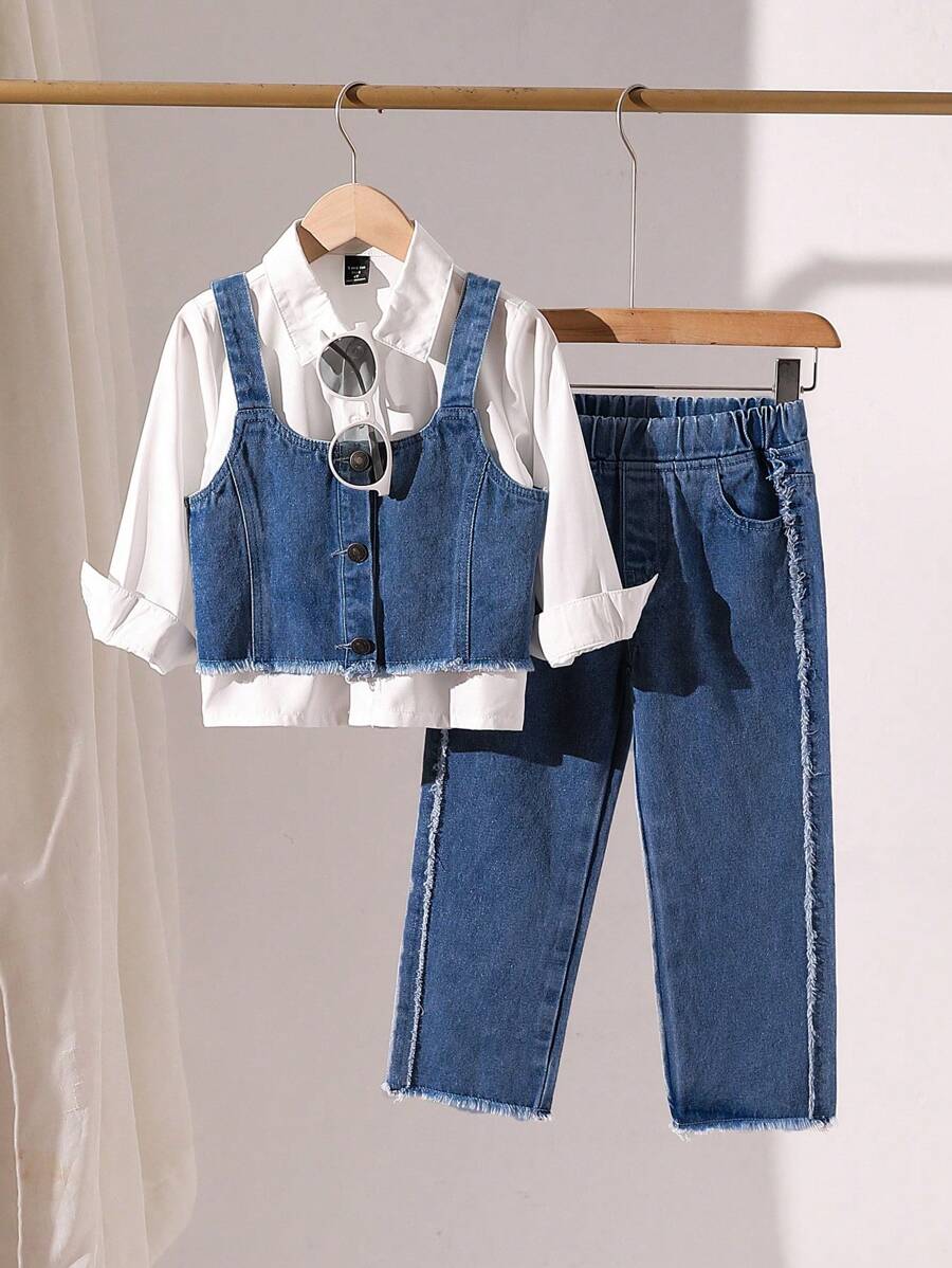 SHEIN Playful Pals 3pcs Young Girl Denim Jumper Blouse And Fringe Hem Pants Set - Medium Wash - View 1