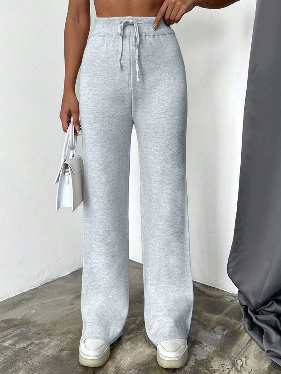 EURMUSE Pantaloni lungi simpli casual, cravată în față, culoare uni - Gri deschis - Vizualizare 1