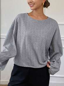 DAZY Strukturiertes, lässiges Rundhals-T-Shirt für Frauen, Langarm Damen Tops - Grau - Übersicht 4