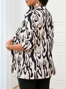 SHEIN Lady 女式时尚休闲抽象印花针织西装外套，缺口领和短泡泡袖