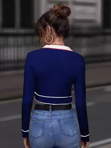 SHEIN Clasi Striped Trim Button Front Crop Cardigan - Royal Blue - View 2