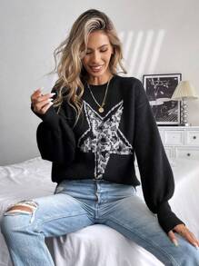 SHEIN LUNE Áo len nữ dáng rộng đơn giản, áo chui đầu dệt kim mùa thu đông. - màu đen - Xem 1